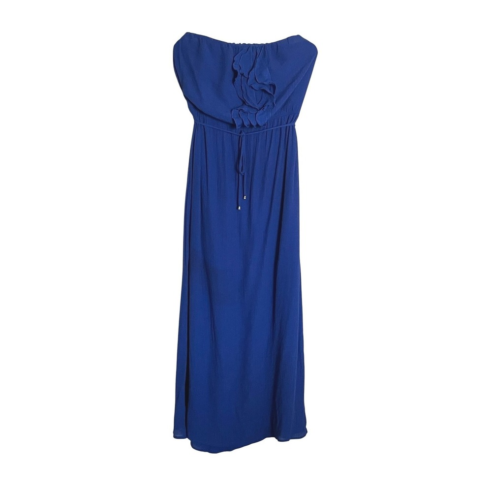 Corey P Womens Blue Strapless Maxi Dress Large Ruffle Front Tie Waist Textured - Picture 2 of 14